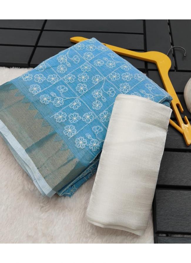 Linen Sky Blue Casual Wear Thread Work Saree